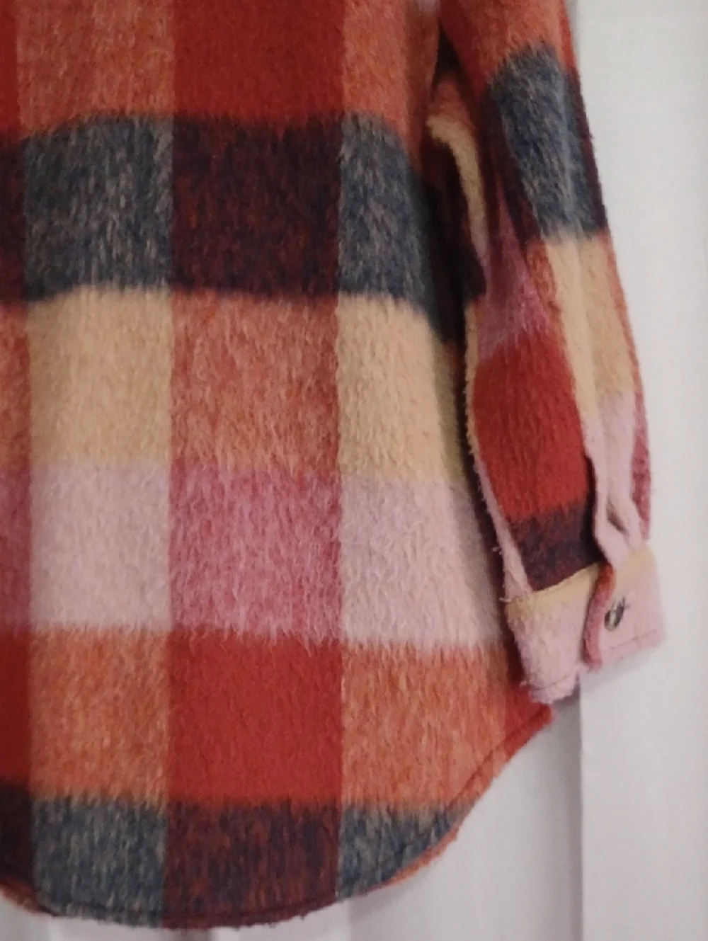Polagram Fuzzy Plaid Checked Teddy Shacket Chore Jacket Button Front Earthtones